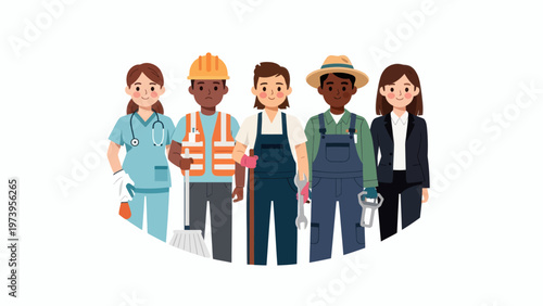 Diverse group of workers in various professions standing together