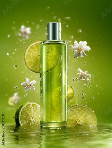 Fresh Citrus Splash Around a Green Cosmetic Bottle with Limes and White Flowers