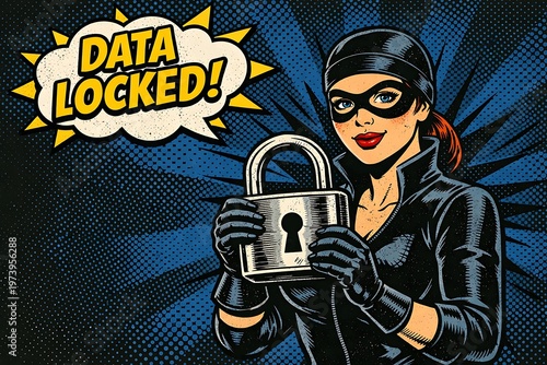Pop art comic style illustration of a female thief in a mask holding a large padlock with a 