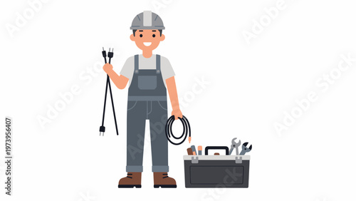 Smiling electrician in overalls, holding cables and a toolbox