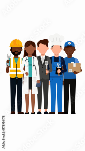 Diverse community of workers from different professions standing together