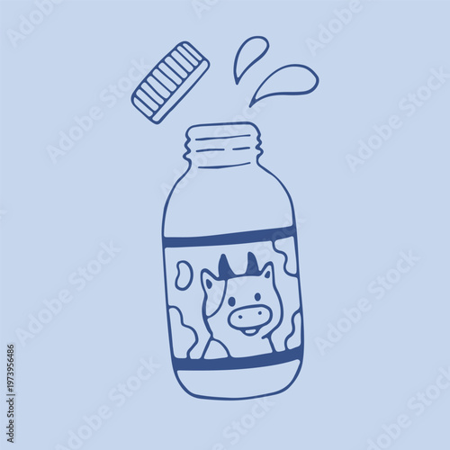 Fotografia Hand drawn vector of a small glass milk bottle with an open cap and splashes of liquid