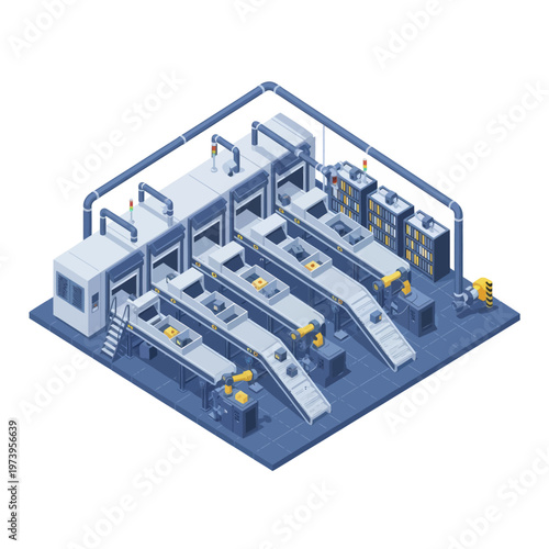Automated Production Line with Conveyor Belts and Machinery.