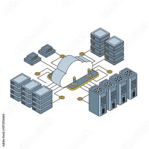 Cloud Computing Network with Servers and Data Storage.