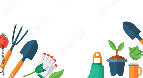 Flat vector illustration of various gardening tools, a potted plant, and fresh vegetables arranged around a white copy space.