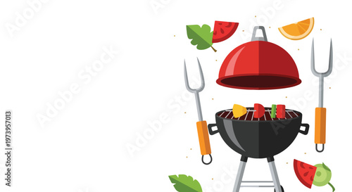 A colorful vector illustration of a red and black barbecue grill surrounded by cooking forks, fresh fruit slices, and green leaves.