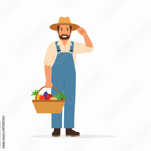 A farmer holding a wicker basket full of fresh produce, wearing overalls and a straw hat
