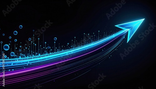 어두운 배경 위로 솟구치는 네온 블루 빛의 화살표와 역동적인 디지털 데이터 라인이 조화를 이루어 비즈니스 성공과 기술적 진보 그리고 무한한 성장을 상징하는 미래 지향적인 추상 배경 이미지.