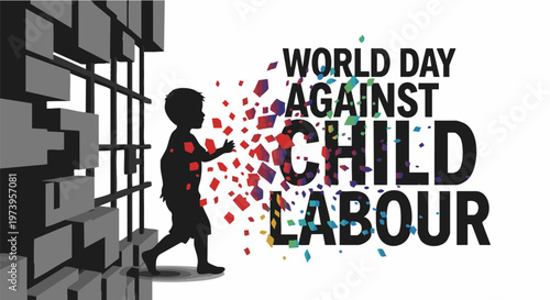 Silhouette of child breaking free from chains in colorful explosion for World Day Against Child Labour awareness campaign in bold typography