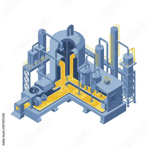 Industrial Manufacturing Plant with Flowing Yellow Liquid.