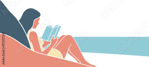 Relaxing woman sitting on beach reading a book by the sea with a calm ocean and clear sky in the background on a bright sunny day
