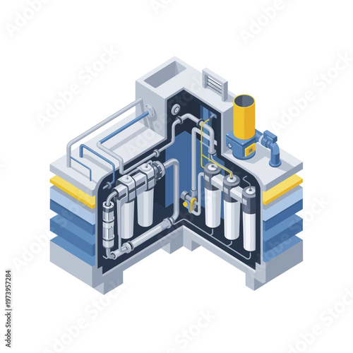 Industrial Water Filtration System Diagram with Multiple Stages.