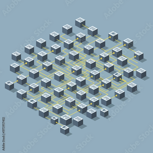 Isometric Blockchain Network with Connected Glowing Cubes Representing Data Blocks.