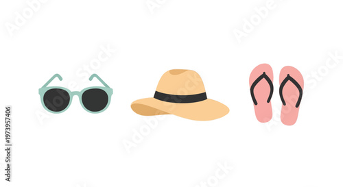 Minimalist Summer Travel Essentials Illustration with Sunglasses, Straw Hat, and Flip-flops