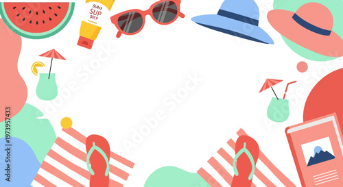 Summer Vacation Background Frame with Beach Essentials Accessories and Copy Space