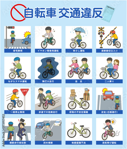 自転車交通違反ポスター イラストセット 交通安全啓発デザイン