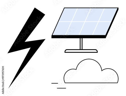 Renewable energy, sustainability, solar power, climate action, electricity generation, eco-friendly technologies. Visual of a solar panel, lightning bolt and a cloud. Renewable energy
