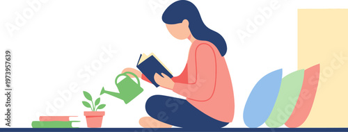 A serene illustration depicting a woman engrossed in reading while nurturing a small plant with a watering can, symbolizing growth and knowledge acquisition