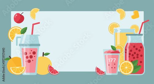 This flat vector illustration features a variety of colorful fruit juices and fresh fruits surrounding a central blank rectangular space for text.
