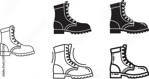 Work Boot Icon Set, Safety Footwear Vector Collection, Minimal Outline and Solid Industrial Boots for Construction, Workwear and Protective Design