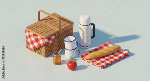 Picnic setup with wicker basket thermos cups baguette jam and apple on red checkered cloth