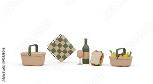 Picnic setup with baskets wine and food on a checkered blanket outdoors