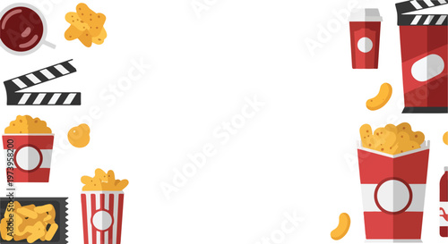 This vector illustration features various movie theater snacks and cinema gear like popcorn, chips, and clapperboards framing a central white space.