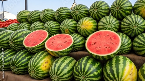 Fresh Watermelons Displayed at an Outdoor Market.