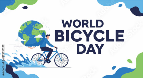 Man riding bicycle with globe on World Bicycle Day in vibrant colorful style with abstract shapes for social media