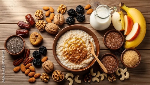 Healthy Breakfast - Oatmeal with Nuts, Seeds, and Fruit on Wood.