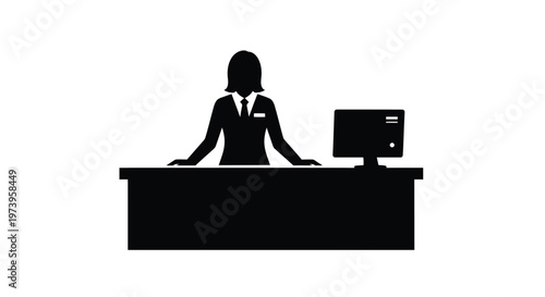 Black silhouette vector graphic illustration of a professional female receptionist standing ready behind a reception desk with a computer monitor.