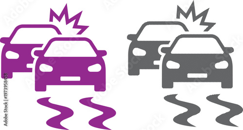 Car crash icon set two vehicles colliding with motion lines vector illustration.