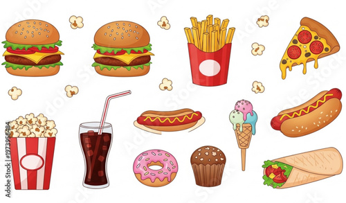 Fast Food Clipart Set – Burger, Pizza, Fries, Ice Cream and Snack Vector Illustration Collection