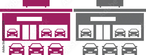 Car dealership building facade and automotive showroom icon set vector illustration.