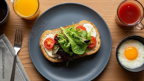 Healthy breakfast toast with egg, juice, and fresh greens.