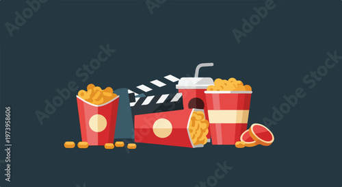 A vector illustration featuring cinema snacks like popcorn and drinks along with a clapperboard, all set against a dark background.