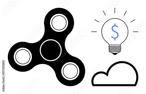 Creativity, innovation, stress relief, financial ideas, brainstorming, business solutions. Fidget spinner, dollar sign in light bulb cloud. Creativity and innovation in business solutions concepts