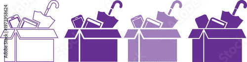 Donation box vector illustration set with various items in open cardboard package.
