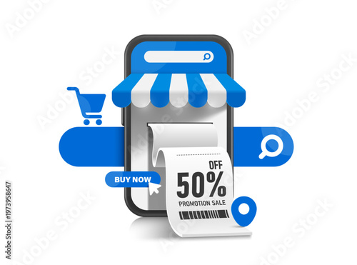 Receipt with 50% off promotion text flows out of the smartphone store after customer adds items to their cart and presses Buy button to confirm the order, vector 3d isolated for e commerce concept