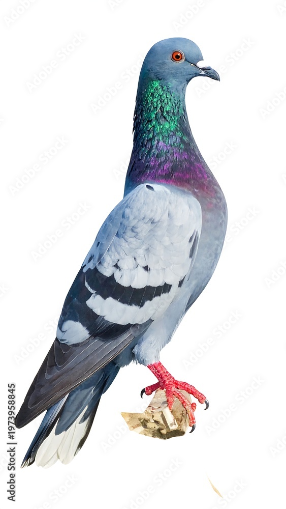 Fototapeta premium A pigeon with iridescent feathers and red eyes on white background