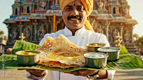 Chef presents south indian dosa food at temple or indian chef shows dosa meal against temple backdrop