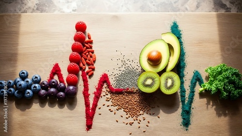 Healthy food heartbeat - A vibrant display of nutritious fruits and seeds.