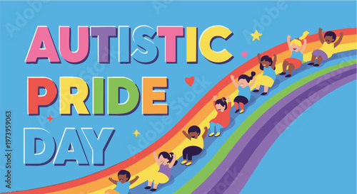 Autistic Pride Day rainbow banner with diverse people in colorful illustration for neurodiversity awareness campaign