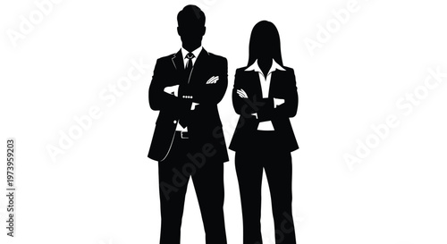Confident business man and woman stand together in this striking vector graphic illustration, perfect for corporate identity, teamwork, and professional design projects.
