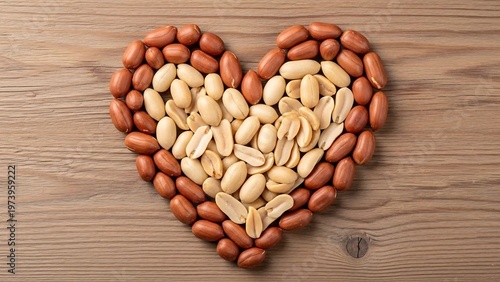 Heart-shaped peanut arrangement on wooden surface, symbolizing love for nuts.