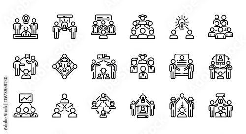 A comprehensive vector illustration collection presenting a variety of outline icons representing diverse business concepts such as team collaboration, strategic meetings, hierarchical structures, eff