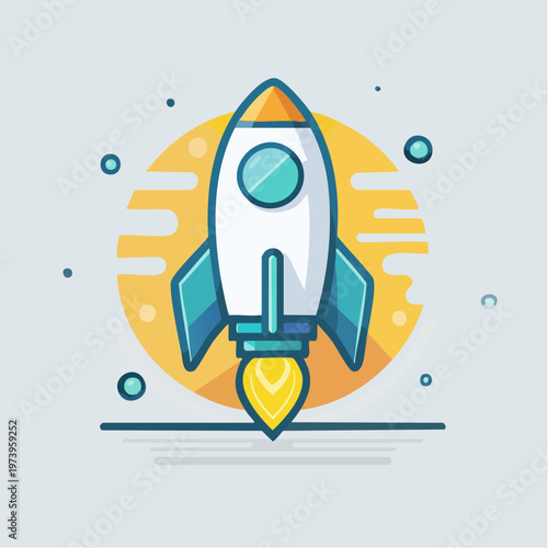 Vibrant Cartoon Rocket Launching into Orbit, Symbolizing Business Startup Success and Technological Innovation