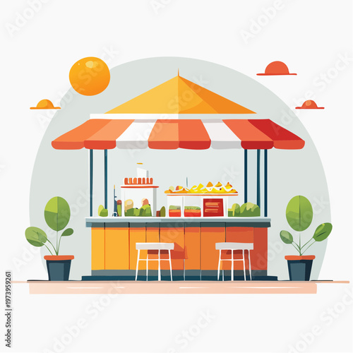 Illustrated food stand with fresh produce and seating, ready for customers