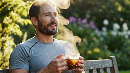 Bearded man relaxing with a steaming cup of tea in a sunny garden