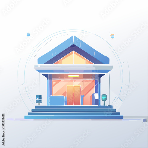 Sleek Modern Bank or Office Building with Abstract Digital Interface Design Vector Illustration